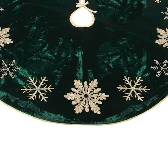 Melrose 26.75" Green & Gold Embroidered Snowflake Christmas Tree Skirt